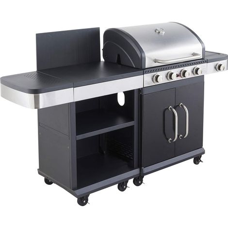 MF - Barbacoa de Gas FIDGI 4 Quemadores con Aparador Lateral 
Plancha y Parrillas Hierro Fundido - Cocina Exterior Modular para 10 Personas (1/4)