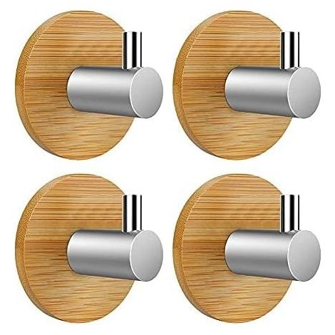 Klebehaken, Wandhaken, Selbstklebender Haken für Bad, Küche, Büro, Tür, 4 Stück (Bambus und Edelstahl, rund) (1/5)
