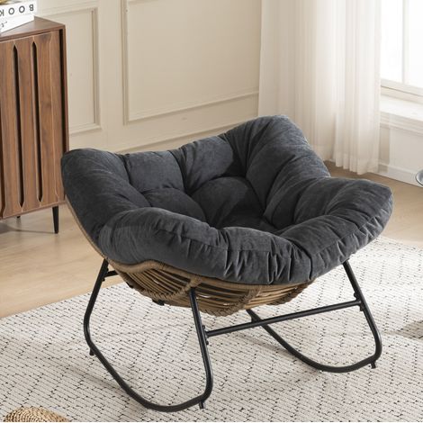 Silla mecedora, asiento acolchado de chenilla, estructura de metal, negra (1/5)