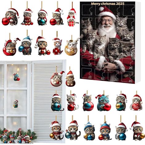 Ornements Chat Pour Sapin De Noël Calendrier de l'Avent compte à rebours 24 Ornements Noël Pendentif Chat en Acrylique 2D Calendrier De L'Avent 24 Jours Sapin Rétroviseur Voiture Mur Fenêt (1/5)