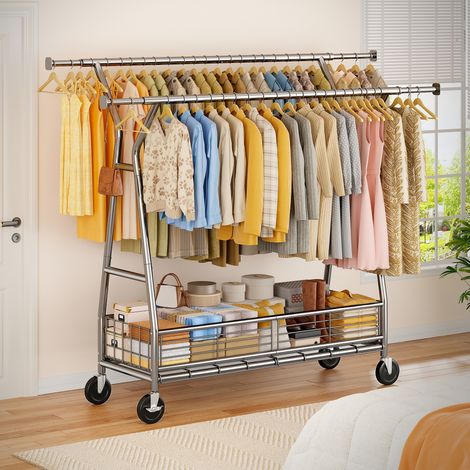 Klyvvo 166x50x177 cm - Double Portant à Vêtements Solide à Roulettes - Capacité de Charge 200 kg - avec Panier - Penderie Extensible pour Charge Lourde - Portant Vêtements à Roulettes - pour Présentat