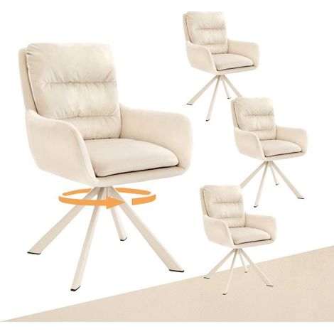Bon Furni Velours Chaise de salle à manger Blanc Ivoire, Lot de 4, pivotante 360°, dossier segmenté, accoudoirs et pieds blancs assortis