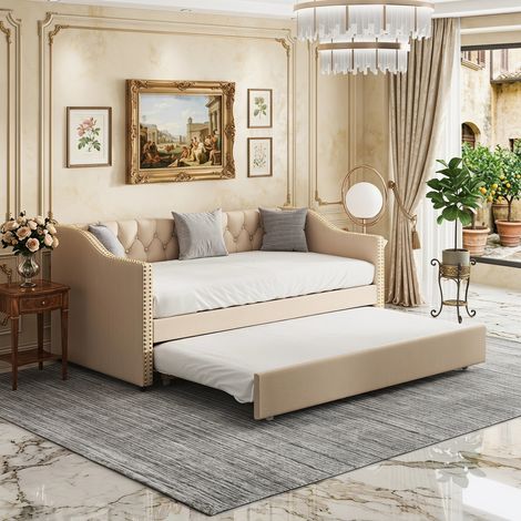 JOOKGBD‑Divano letto imbottito 90x200cm, rivestimento in tessuto lino beige, schienale bottonato, bordi con borchie decorative, letto estraibile, design classico per soggiorno e camera da letto (1/5)