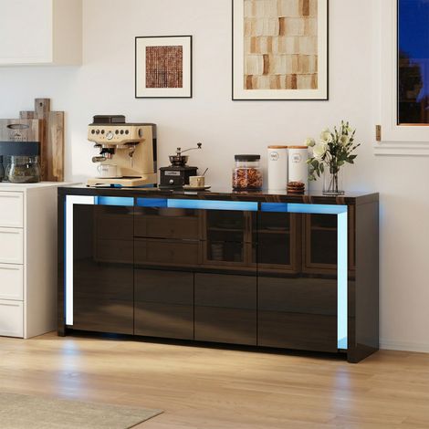 Enfilade scandinave, 160x35x75 cm, 4 portes 2 tiroirs, éclairage LED, meuble de rangement, façade laquée haute brillance, système push-to-open, pour salon/cuisine, style moderne, Noir