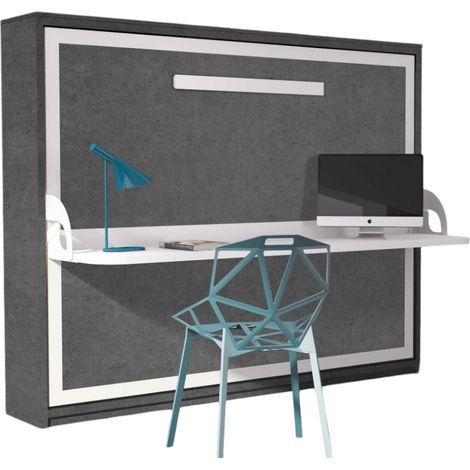 Lit escamotable avec bureau 90x200 gris ciment P 35 Kinoa (1/5)