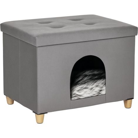 Pouf 2-en-1 pour chat avec intérieur doux et coussin, structure en bois, gris, 60 x 45 x 44,5 cm (1/5)