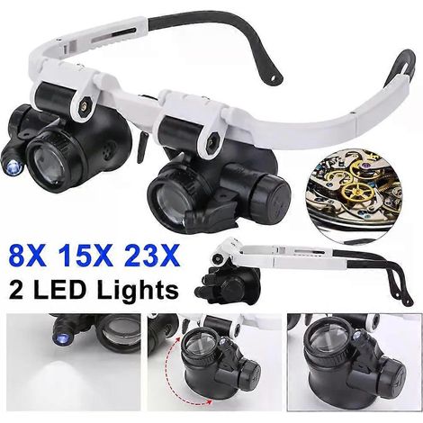 Loupe professionnelle 8X/15X/23X à double grossissement, type lunettes, outil d'inspection pour horlogerie et bijouterie, avec éclairage LED réglable. (1/4)