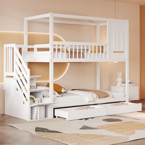 Lit superposé pour enfant, 90x200cm, lit double en bois massif, forme maison avec fenêtres, barrière de sécurité, tiroirs de rangement et échelle de sécurité, blanc, garantie 2 ans