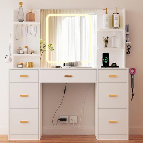 DEWINNER blanc Coiffeuse Miroir Coiffeuse Éclairage LED 107 x 40 x 140 cm, Luminosité Réglable, 7 Tiroirs, 4 Étagères et 5 Crochets, Support Sèche-Cheveux et Fer à Boucler, Coiffeuse avec Miroir (1/5)