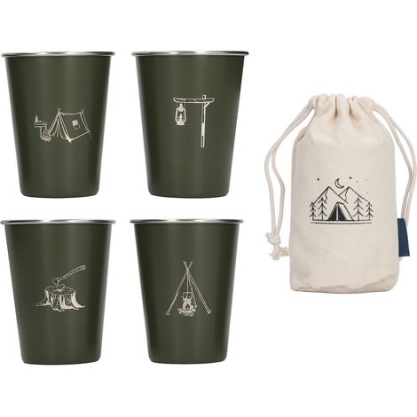 Lot de 4 Gobelets 350 ml Acier Inoxydable 304 Tasses Café Bouteille pour Barbecue Bière Voyage Extérieur Vert Olive (1/5)