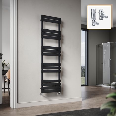 Elegant 1600 x 450mm Heated Towel Rail Black Radiator, Modern Flat Panel Designer Central Heating Towel Warmers + Chrome Thermostatic Radiator Valves (1/5)