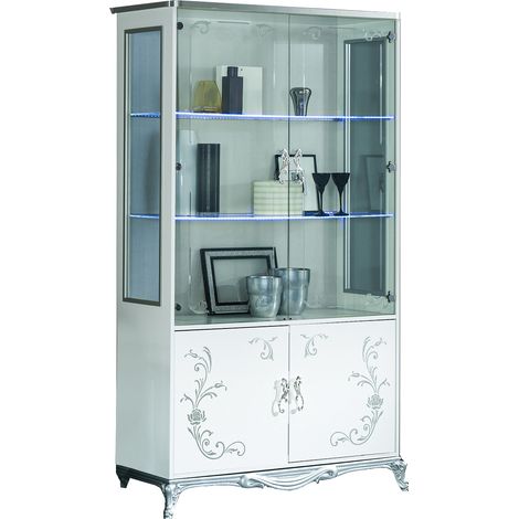 Vitrine à LED 4 portes bois laqué blanc et argent Dannie (1/2)