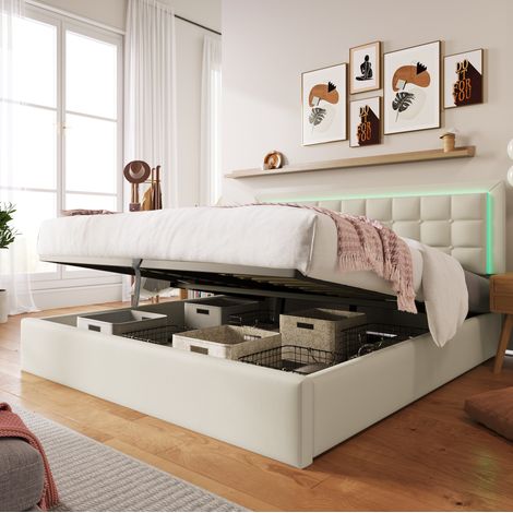 Letto contenitore 180x200 cm in PU bianco con LED e vano contenitore - MEUBLIV (1/5)