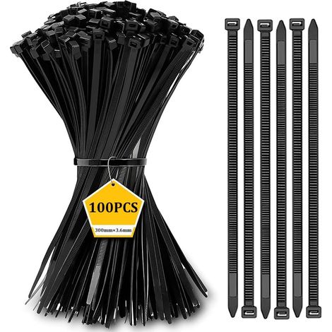 Packung mit 100 schwarzen Kabelbindern aus Kunststoff, 300 mm × 3,6 mm, aus hochwertigem, strapazierfähigem Nylon, selbstverriegelnd, 30 cm (12 Zoll) lang, für Haus, Garten und Büro. (1/5)