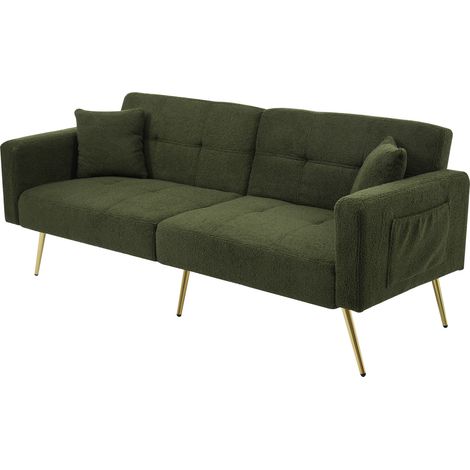 Canapé-lit vert en laine d'agneau avec structure bois, angle inclinable et rangements latéraux (1/5)