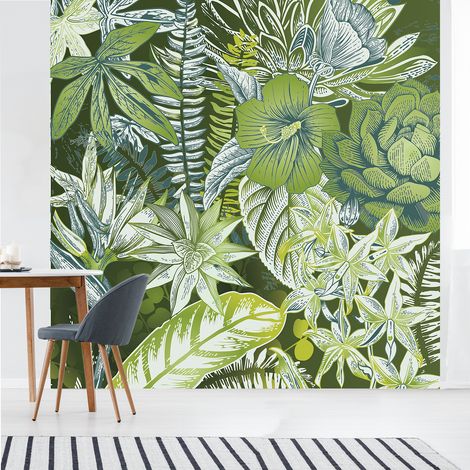 Papier peint intissé motif floral vert, feuillages et fleurs de la jungle tropicale, 250 cm X 250 cm, panoramique (1/2)