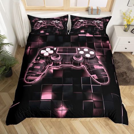 Gaming Housse de Couette 200x200 cm avec 2 Taies d'oreiller, Parure de Lit Gamer pour Garcon Fille, Sets de Housses de Couettes Manette de Jeux Néon Couvre Lit Carré Géométrique Rose - 200x200cm + 2 T (1/5)