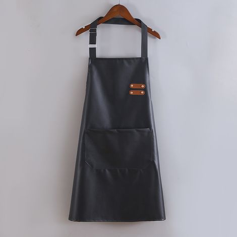 Delantal de cocina de alta gama para mujer, confeccionado en piel sintética PU suave, impermeable y resistente al aceite, ideal para chefs y profesionales (Negro). (1/5)