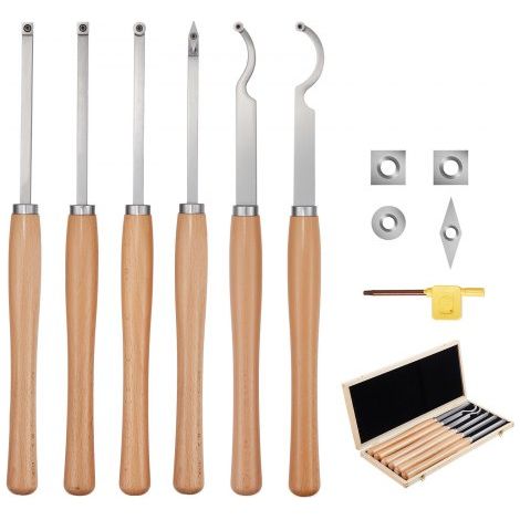 6 PCS Juego de Herramientas de Torneado para Madera Herramienta Hueca para Desbaste, Acabado y Detalle con Mango de Madera, Insertos de Carburo Redondos y Cuadrados de Diamante, Caja de Madera (1/5)
