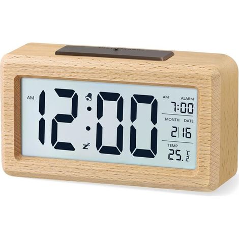 Réveil LCD - Bois Massif - Affichage Date Température - Fonction Répétition - Alimentation Piles AAA - 1 Pièce (1/5)