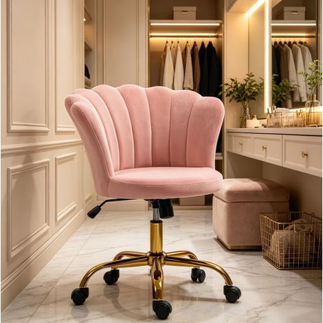 Silla de peluquería rosa de terciopelo con respaldo de pétalo y altura regulable (1/5)