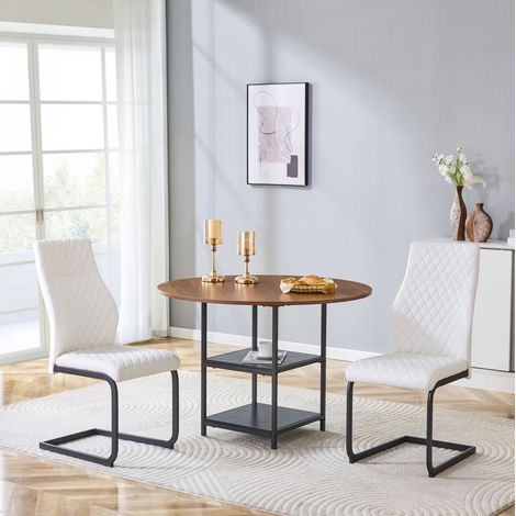 Rundes Esstisch-Set 107 cm mit 2 Ablageebenen und 2 weißen Stühlen (1/5)