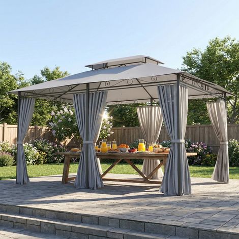 Gartenpavillon, Outdoor Pavillon mit Vorhängen, belüftetem Dach, Dunkelgrau