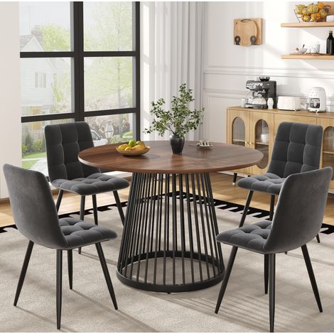 MEUBLIV Ensemble table et 4 chaises de salle à manger, table ronde 80 cm, MDF noyer et métal noir (1/5)
