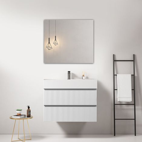 Mobile bagno sospeso cannettato 80 cm Bianco Lavabo in Resina Specchio Quadro - Fiji Paint (1/3)