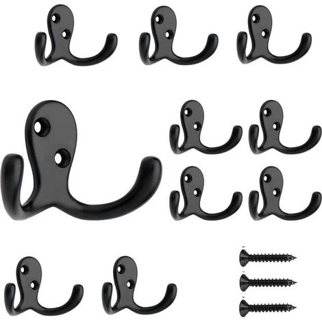 Ganchos básicos curvos para ropa, de color negro opaco, con ganchos dobles, con tornillos, paquete de 10 unidades. (1/4)