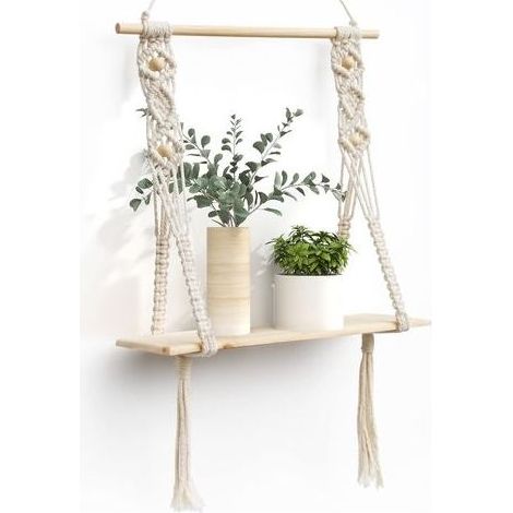 Etagere Murale Bois Macramé Boheme Design Etagere Suspendue Corde Flottante de Plantes Interieur Exterieur Rangement Decoration pour Salle de Bain Cuisine Chambre Bureau Salon (1/5)