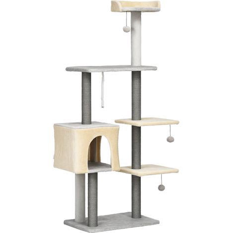 Griffoir chat hauteur 156cm lit camp maison poteaux sisal bois peluche, gris beige