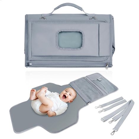 Matelas à Langer, Pliable Matelas à Langer Bébé Voyage, Tapis a langer Nomade, Tapis de Change Bébé Facile à Nettoyer et Étanche, Avec un Distributeur de Lingettes et un Coussin, 109x62 cm, Gris (1/5)
