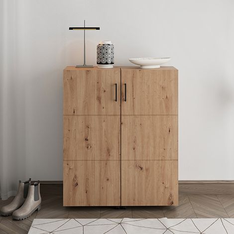 Scarpiera Ystad, Mueble para zapatos 6 estantes, 2 puertas, doble capacidad, ruedas, 92x33x113h cm Roble Marrón Nodoso (1/5)