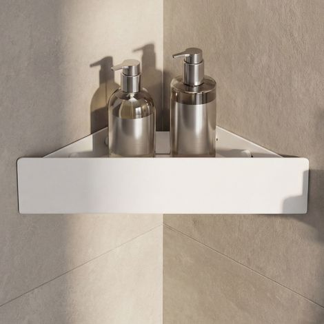 doporro Duschablage ohne Bohren Ecke, Duschregal ohne Bohren zum Kleben, Eckregal Bad, Badregal ohne Bohren, Badezimmer Organizer, Wandregal für Shampoo und Duschgel, Sandweiß Reglo-07