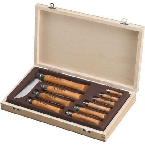 OPINEL 183102 COFFRET COLLECTION EN BOIS 10 COUTEAUX LAMES CARBONE