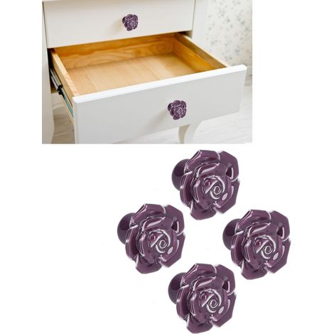 4 lots vendus chacun de poignées en céramique à motifs de roses pour armoires et penderies, style dessin animé moulé à la main, style minimaliste moderne européen, violet. (1/5)