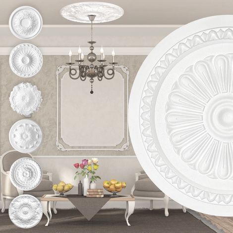 Marbet Design Stuckrosette aus EPS Styropor, weiß - Deckenrosette Stuck Wanddeko Wohnzimmer: R-15 - Ø 34cm