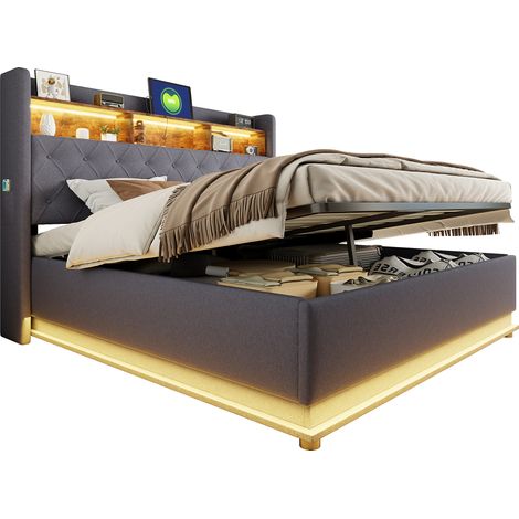 Lit LED rembourré 180 x 200 cm avec ports USB, coffre hydraulique et rangements, structure métal robuste, tissu gris élégant pour chambre moderne  CHICFURN (1/5)