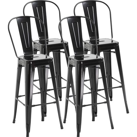 Set aus 4 stapelbaren Barhockern aus schwarzem Metall, 76 cm hoch, mit Rückenlehne und Fußstütze