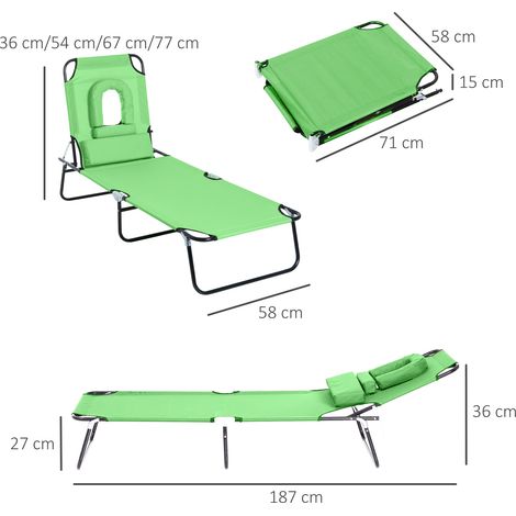 Chaise longue pliable de jardin avec fenêtre de lecture, coussin de tête, transat à dossier réglable en 4 positions, résistante aux intempéries, supporte 120 kg, pour jardin plage piscine, vert (1/5)