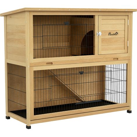 Clapier à lapin en bois 2 étages avec 3 portes plateau coulissant rampe toit bitumé 120 x 50 x 102 cm jaune