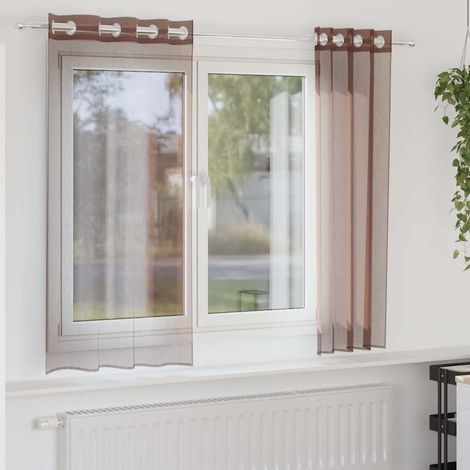 Lot de 2 Rideaux Voilages Marron 140x140 cm en Polyester Semi-Transparents à Œillets - PANGIVO (1/5)
