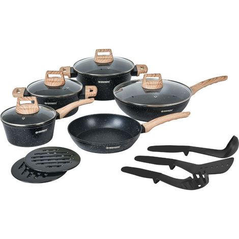 Batterie de cuisine 14 pièces avec revêtement en granit et manche en bois Noir Herzberg HGWDMRB14-BLK (1/5)