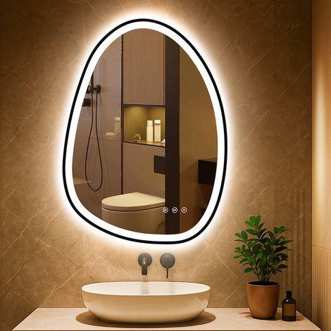 Miroir asymétrique avec éclairage 83x60 cm, noir, variateur, 3 couleurs de lumière, anti-buée, économique, fonction mémoire, montage vertical/horizontal. (1/5)