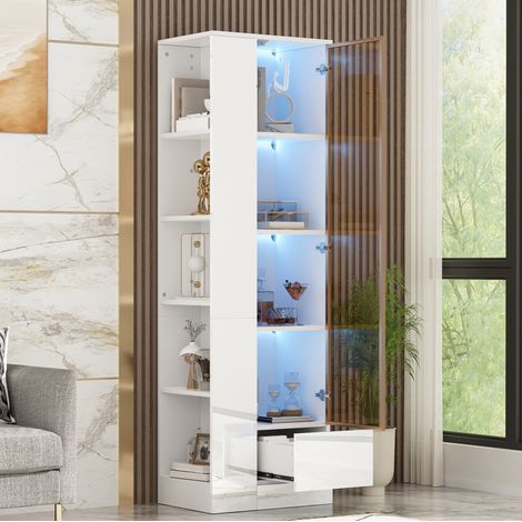 MODFU – Vitrina 50x35x160 cm de aglomerado con puerta de vidrio, cajón y estantes abiertos, LED por app y antivuelco para salón o recibidor – Blanco (1/5)