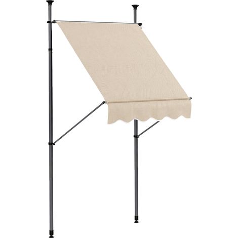 Freistehendes, manuell einziehbares Terrassenüberdachung 1,5 m L x 1,2 m B x 2,1-3 m H, verstellbare Neigung, Aluminium-Metallkonstruktion, sandfarbenes Polyestergewebe, faltbare Außenmarkise ohne Boh