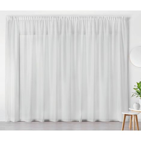 Rideaux Voilage d'intérieur prêt-à-Poser Transparent élégant pour Fenêtre Polyester Lin Blanc Finition Galon Fronceur Dimensions 240 x 240 cm idéal Salon Chambre Cuisine (1/3)