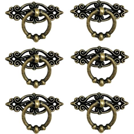 Lot de 6 poignées en forme d'anneau antique avec vis - Style vintage - Pour porte d'armoire - En laiton antique (1/5)