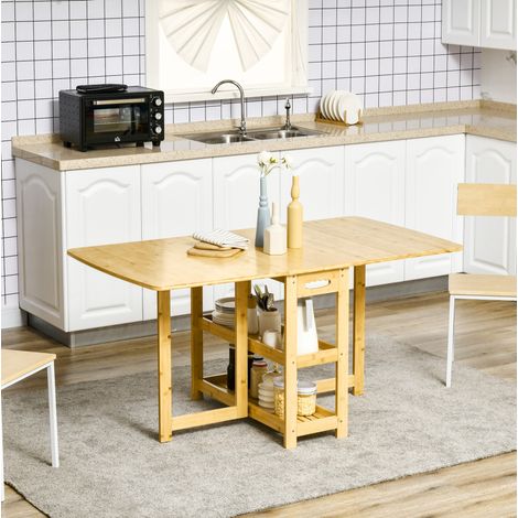 Table à manger pliante 149×80×73.5cm en bambou avec rangement, pour 4 à 6 personnes, 2 étagères, table de cuisine de salon, marron clair (1/5)
